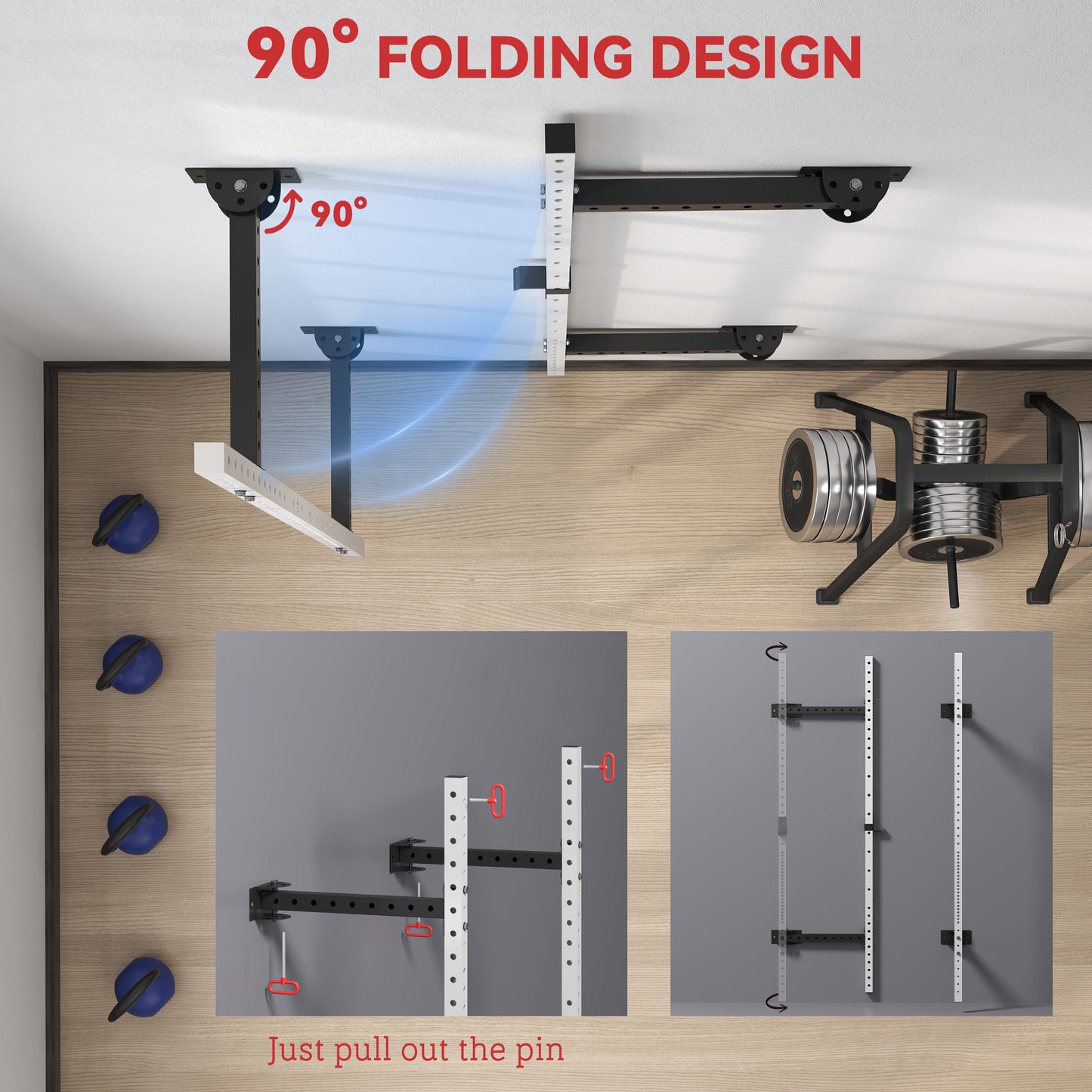 Folding Squat Rack with Pull Up Bar - Adjustable Wall-Mounted Design, 1000 lbs Capacity, White