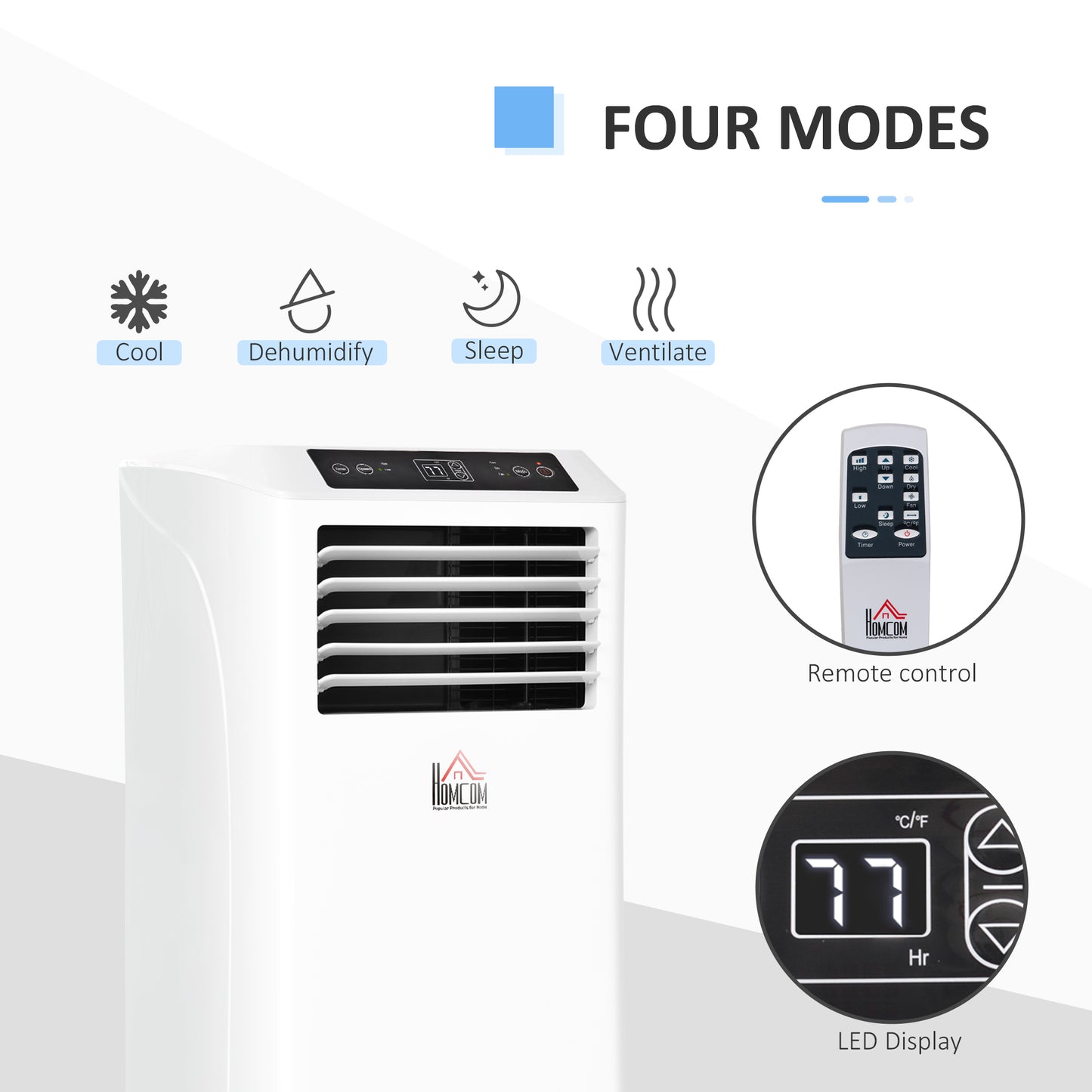 Portable 8000BTU Air Conditioner with Remote Control for Room Cooling & Dehumidifying - White