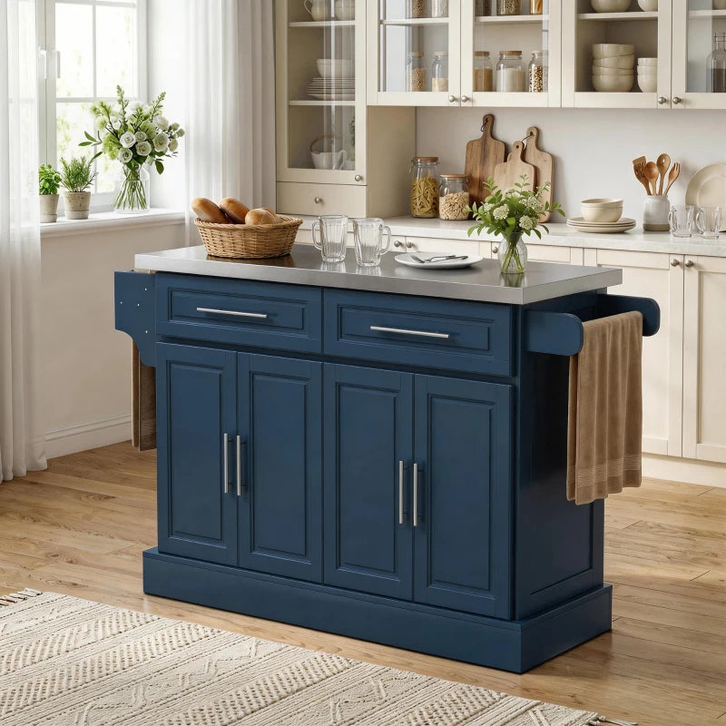 Rolling Kitchen Island with Stainless Steel Top - Navy Blue