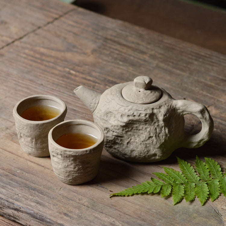 Handmade Ceramic Rock Clay Pot and Cups Set - Kitchen Drinkware