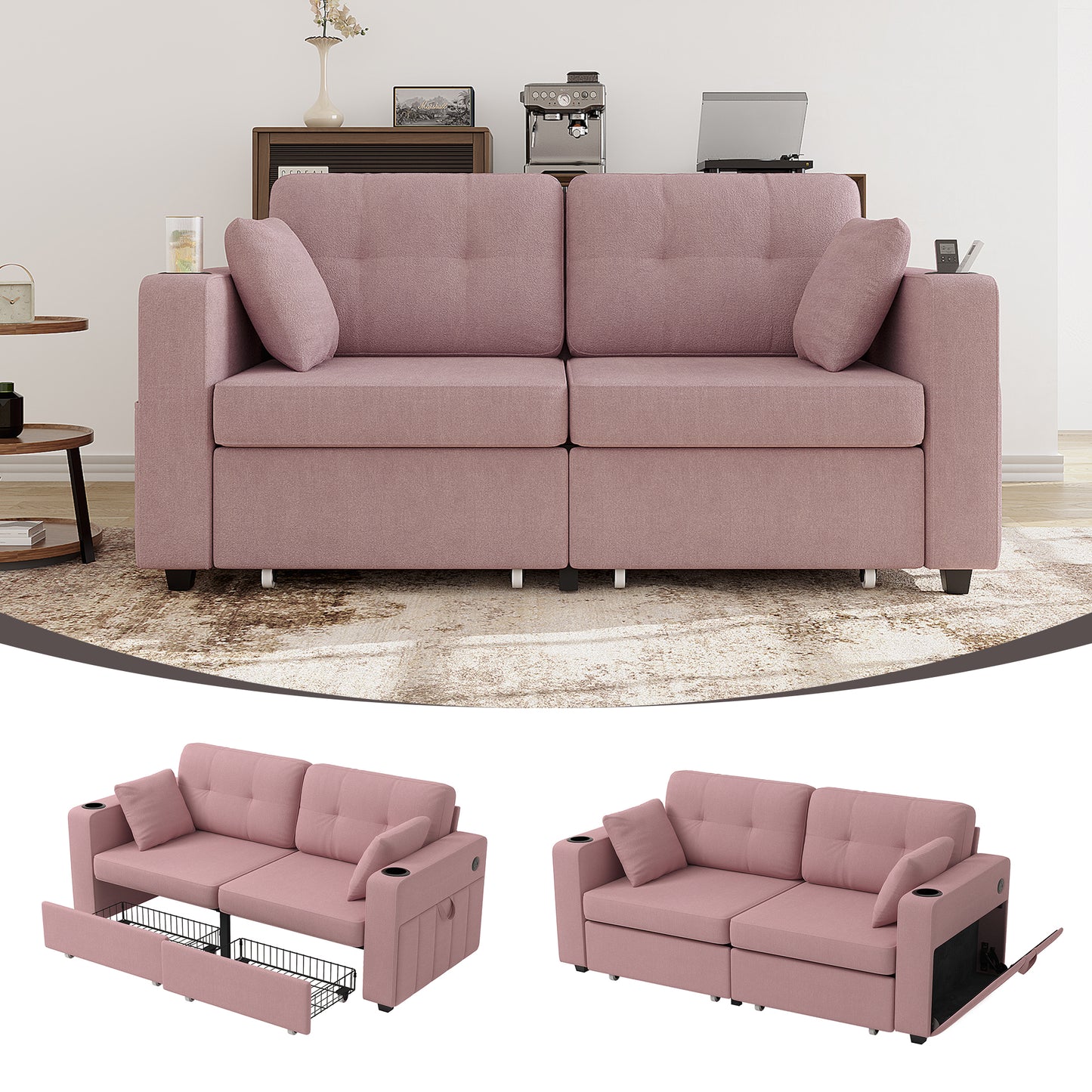 Modern 3-Seater Sofa with USB Charging & Storage - Pink