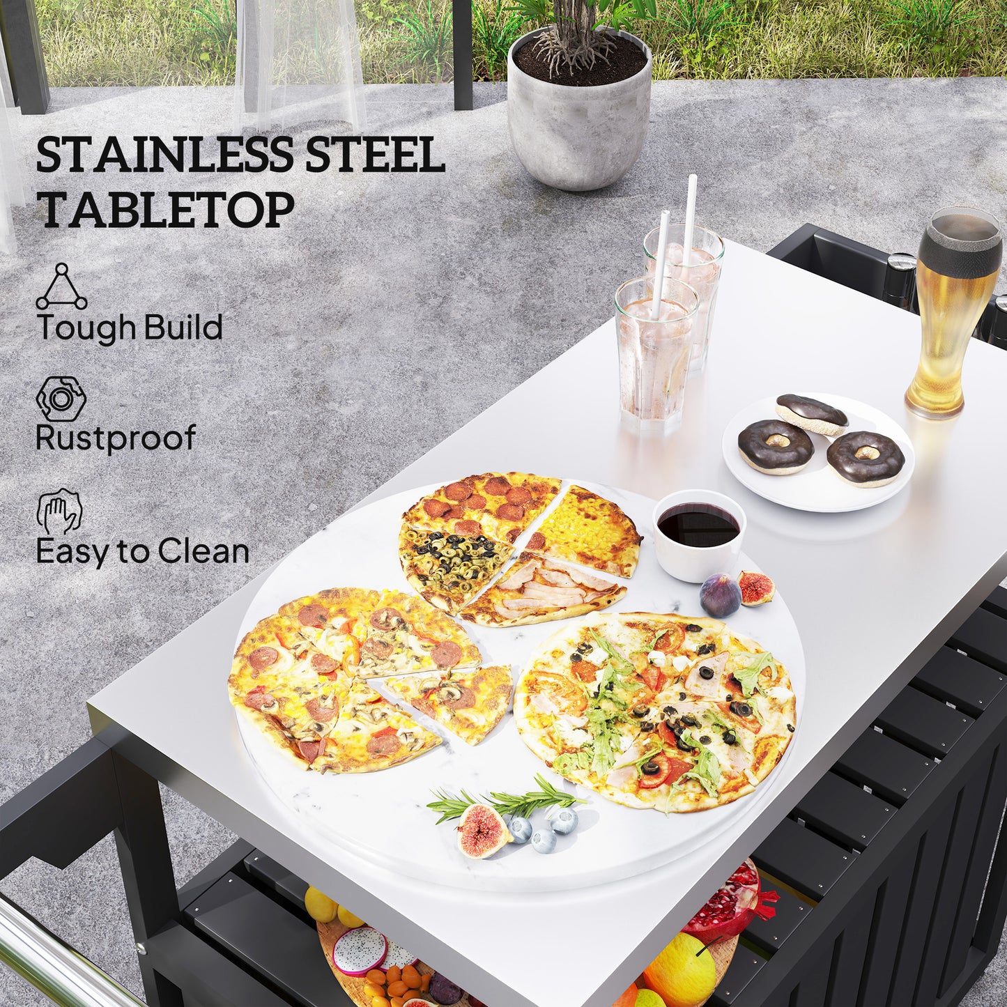 Outdoor Bar Cart with Stainless Steel Top & Storage - Black