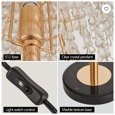 19 Inch Crystal Waterfall Table Lamp with Teardrop Bead Shades - Vintage Gold Finish