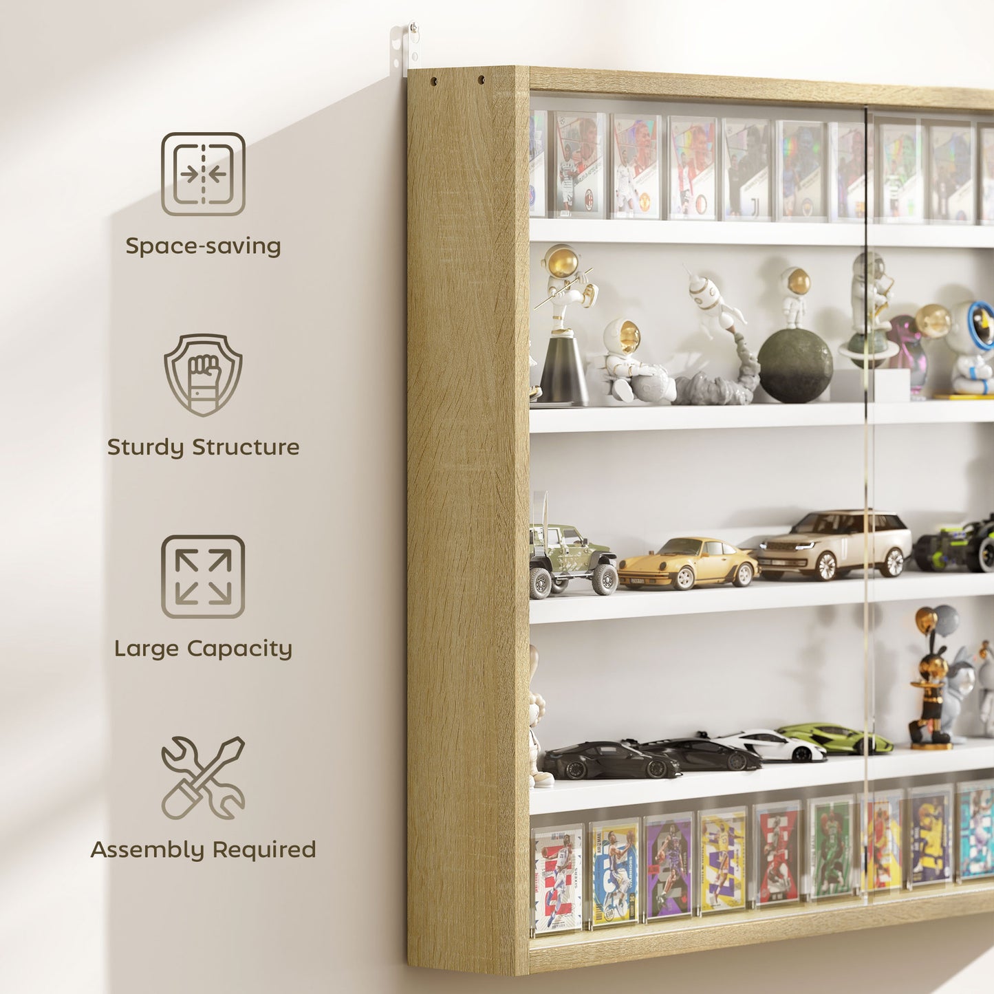Wall-Mounted Display Cabinet with Glass Doors & Adjustable Shelves - Oak