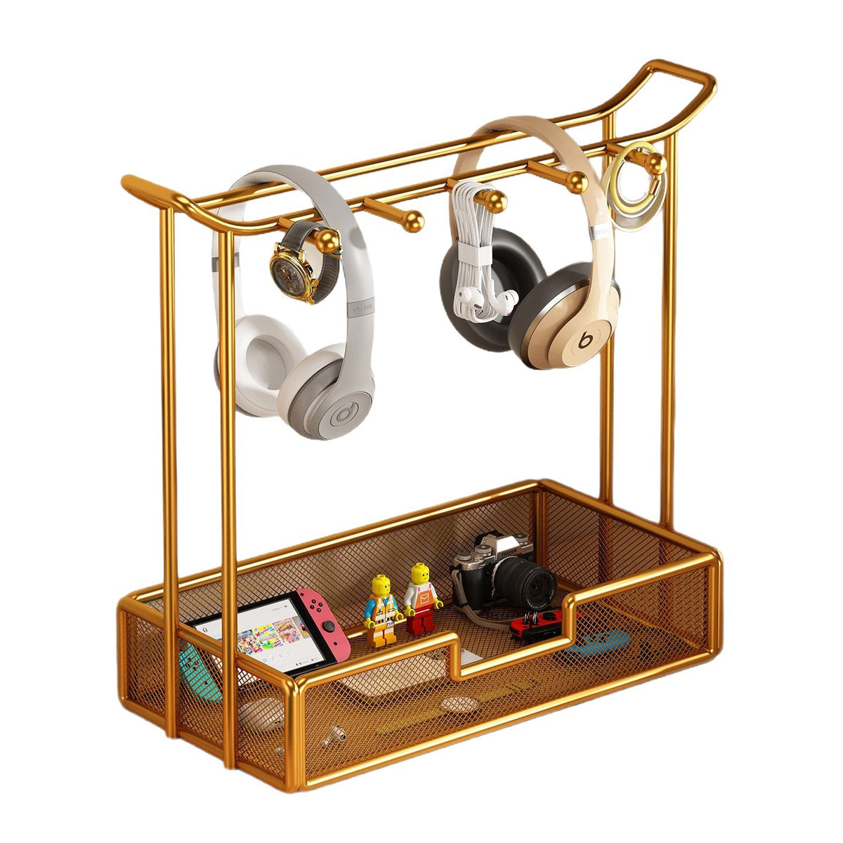 Over-Ear Headphone Stand with Multiple Tiers and Hooks - Modern Iron Storage Organizer