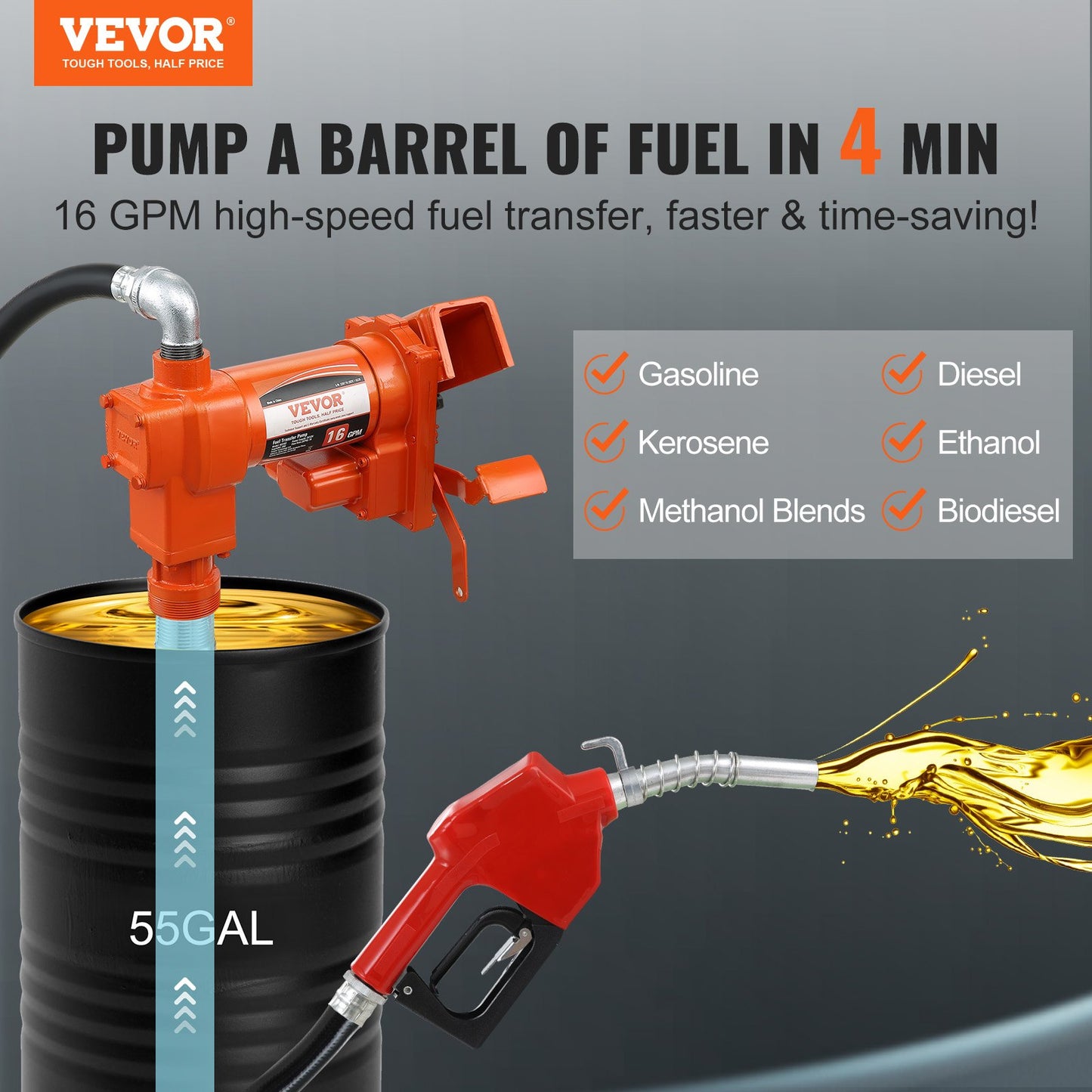 12V DC Fuel Transfer Pump with Automatic Nozzle - 16 GPM Gasoline & Diesel Extractor