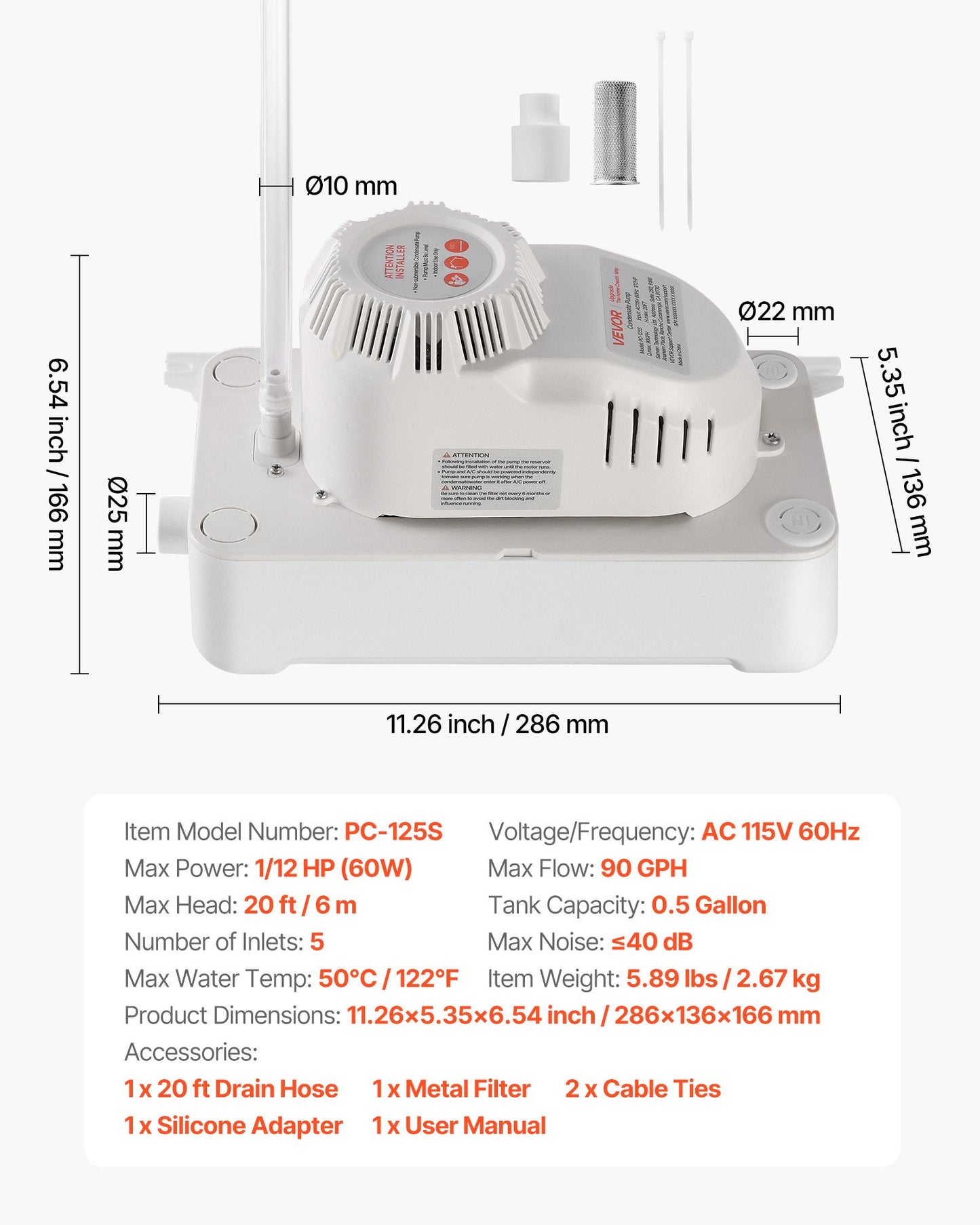 Automatic Condensate Pump 1/12 HP 90 GPH 20 Ft Lift Quiet HVAC Draining
