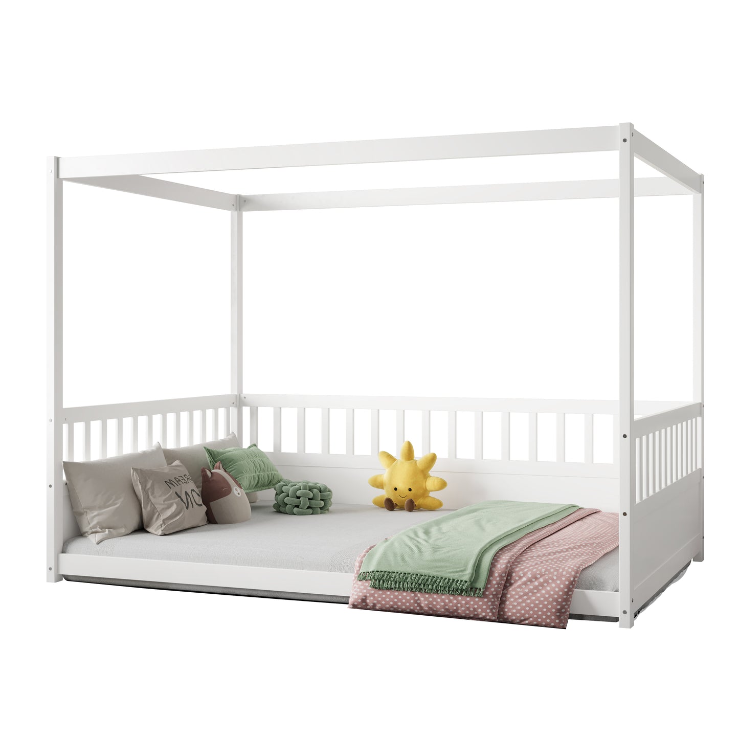 Full Size Canopy Bed Frame with Guardrails for Kids - White