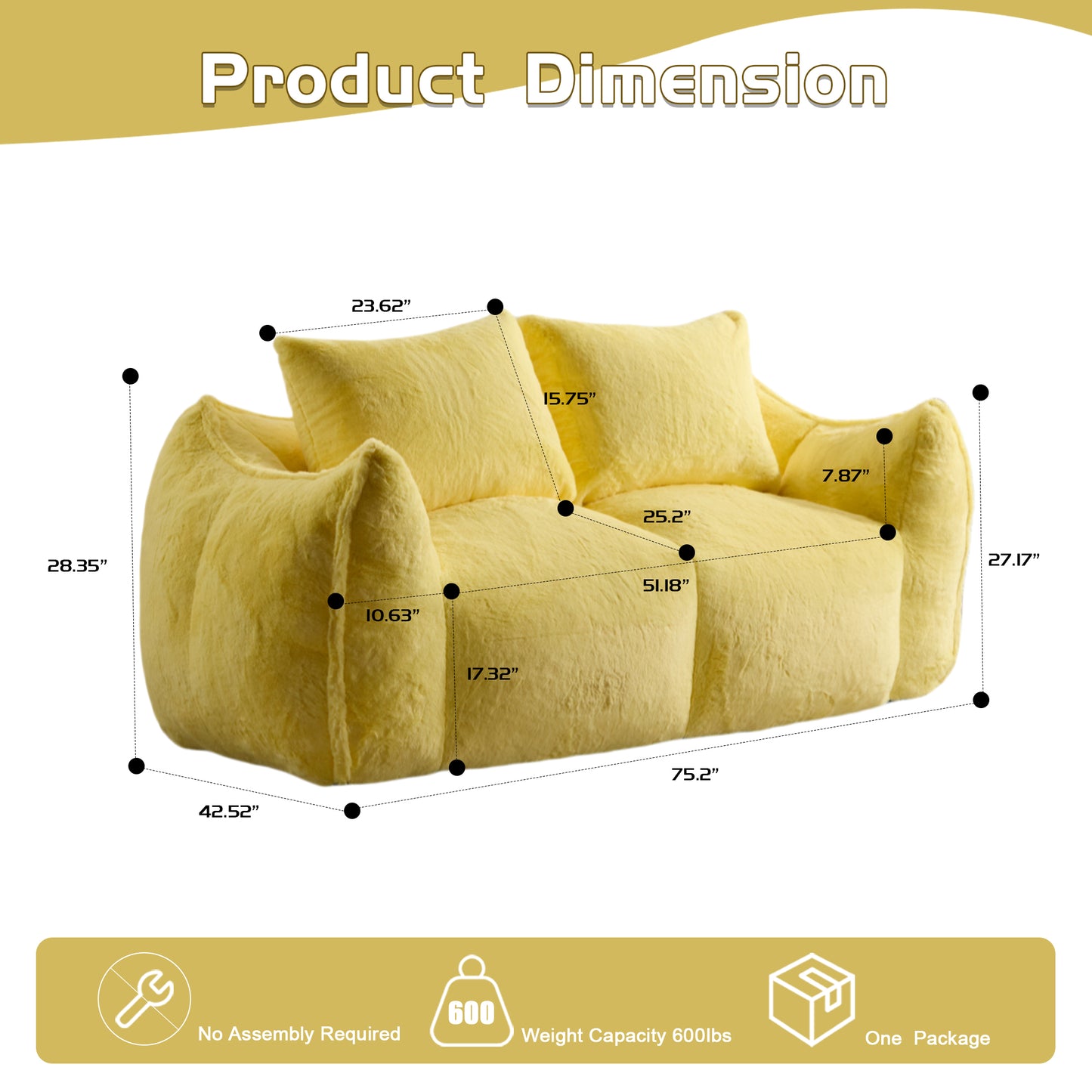 Giant Bean Bag Couch for Adults - Ultra Soft Loveseat Sofa, Yellow