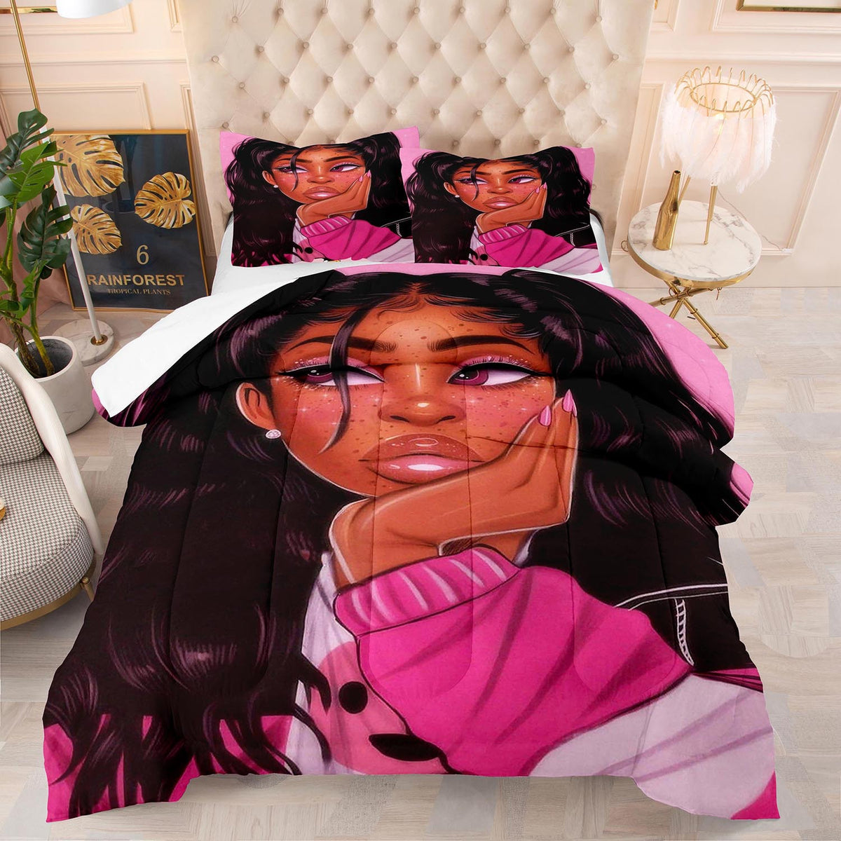 200x230cm Polyester Quilt Bed Cover Set for Summer & Ventilated Bedding - Black Girl Design