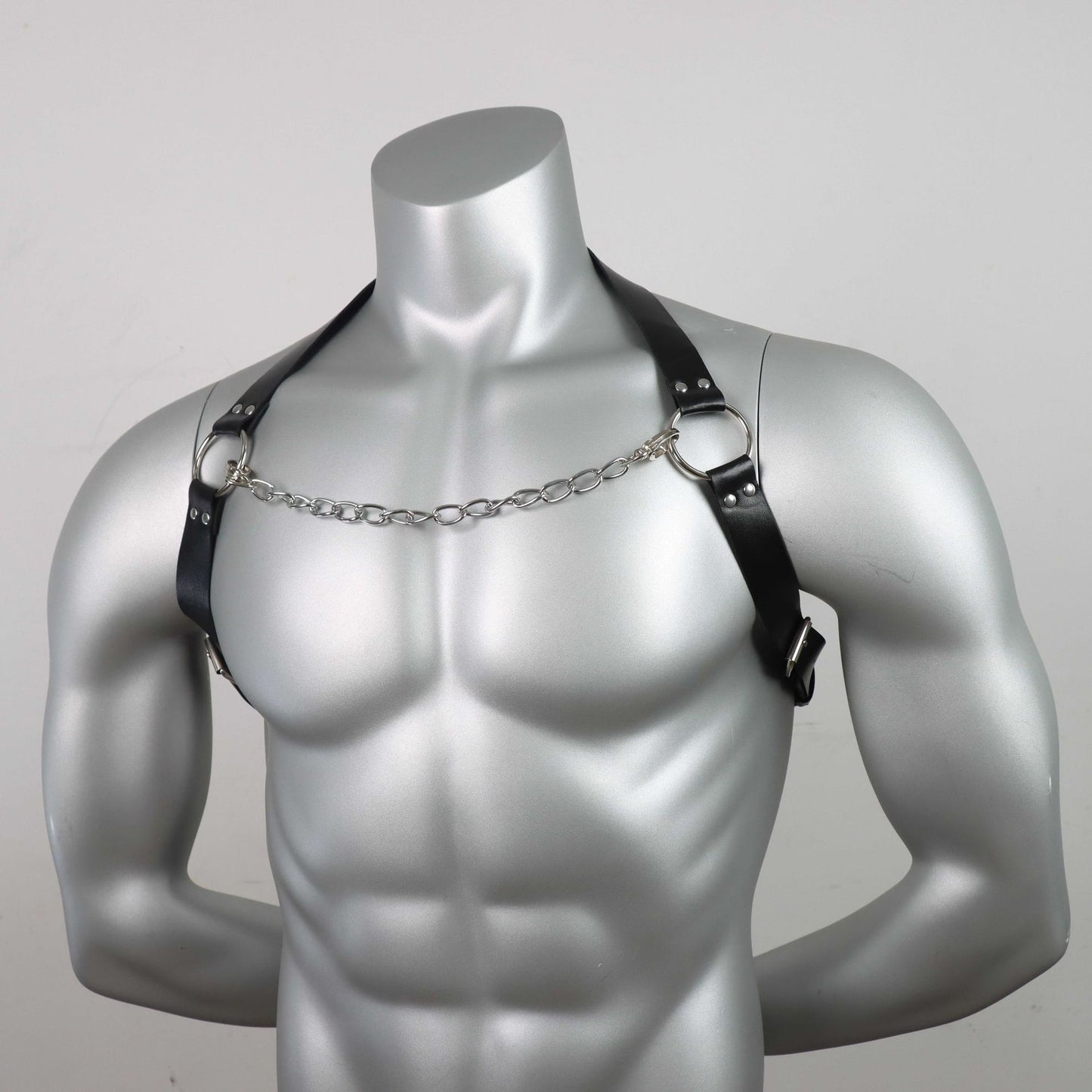 Men's Leather Chain Belt with Chest Strap - Punk Style Black Leather Accessory