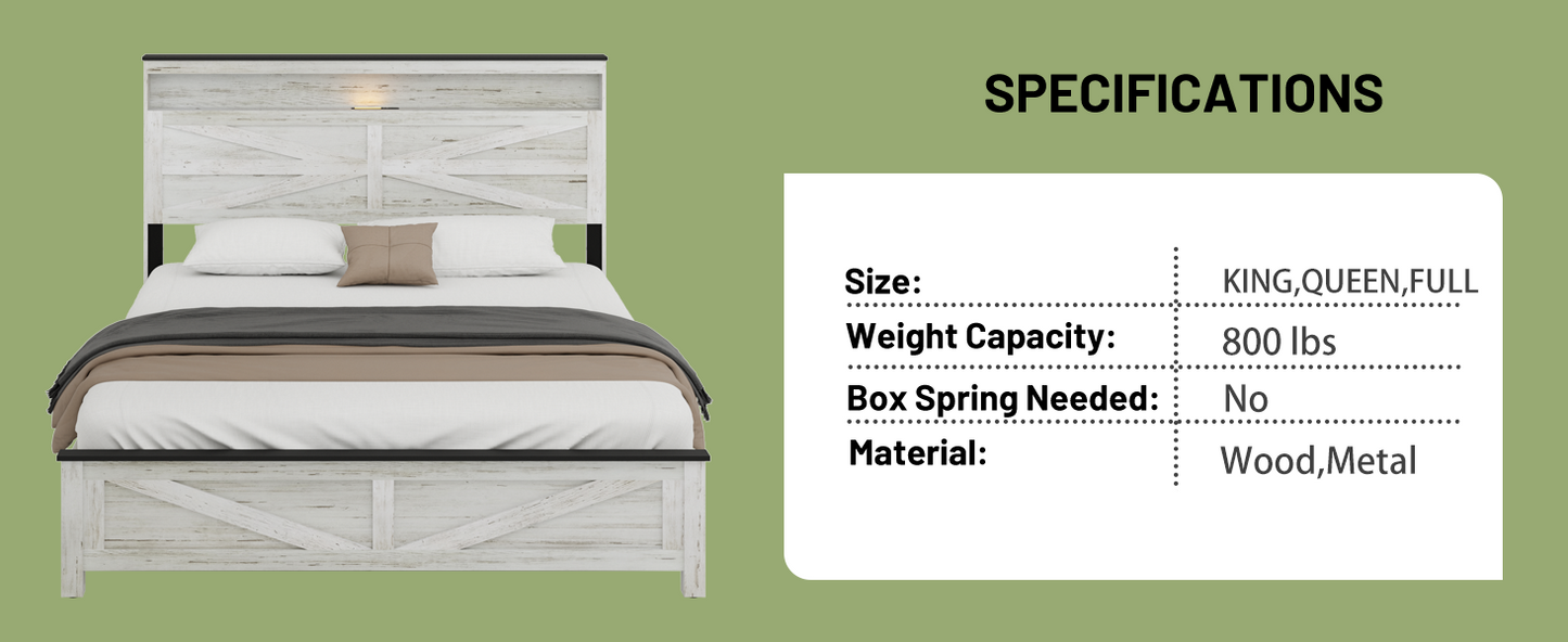 Queen Platform Bed Frame with LED, Charging Station & Storage