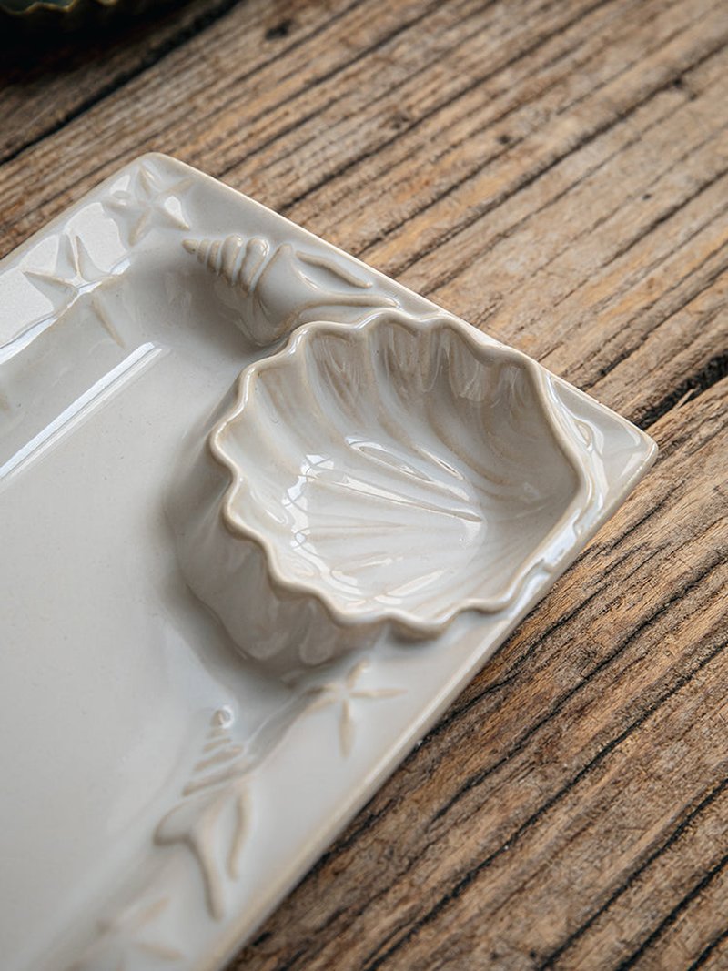 Embossed Shell Ceramic Dumpling Plate with Vinegar Dish - 7.5 Inch Rectangular Dinnerware
