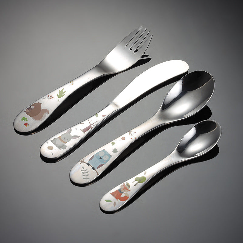 Children's 4-Piece Stainless Steel Cutlery Set - Western Style, Cartoon Design