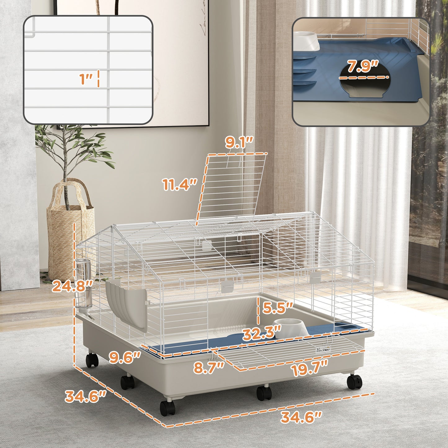 Small Animal Cage with Water Bottle & Hay Feeder for Rabbits Guinea Pigs Hedgehogs 35x35x25 Inches