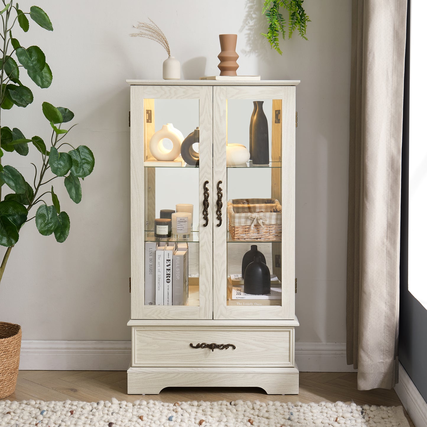 Lighted Glass Curio Cabinet with Adjustable Shelves - White