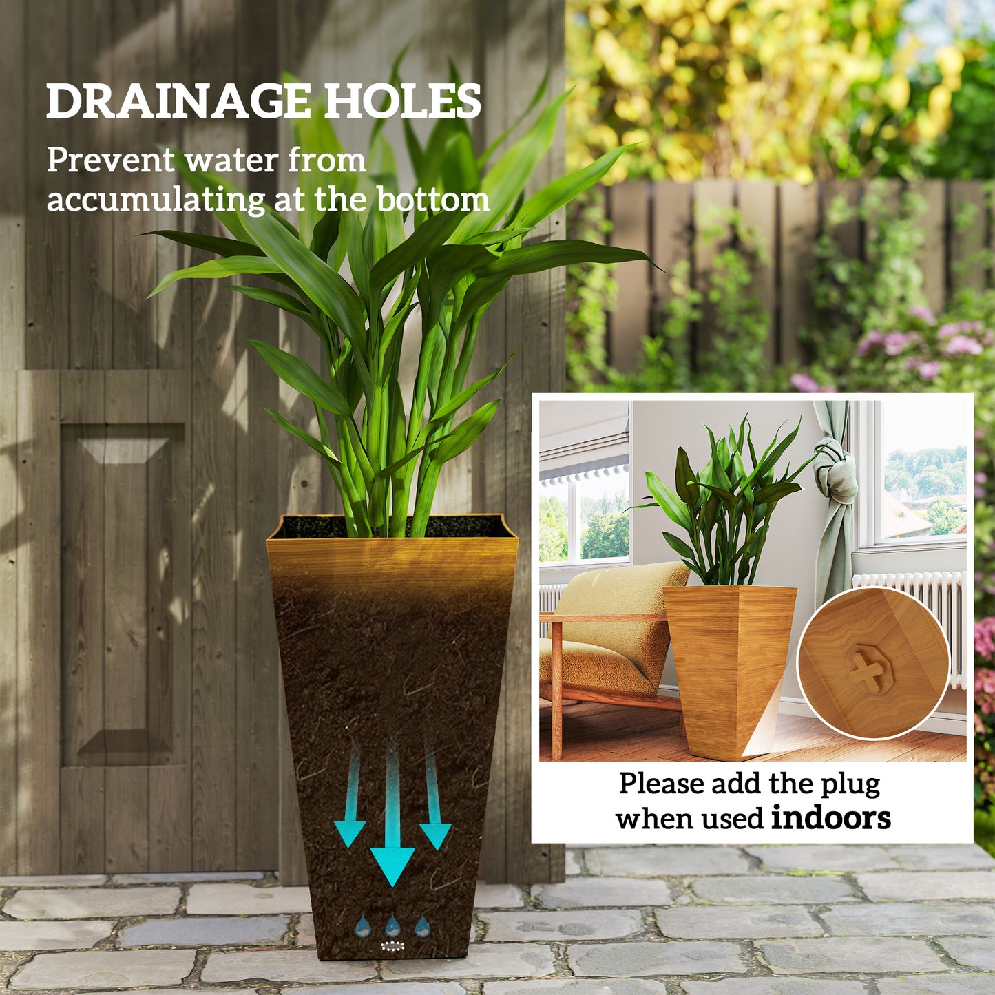 Set of 3 Tall Outdoor Planters 28 Inches with Drainage Holes Faux Wood Look