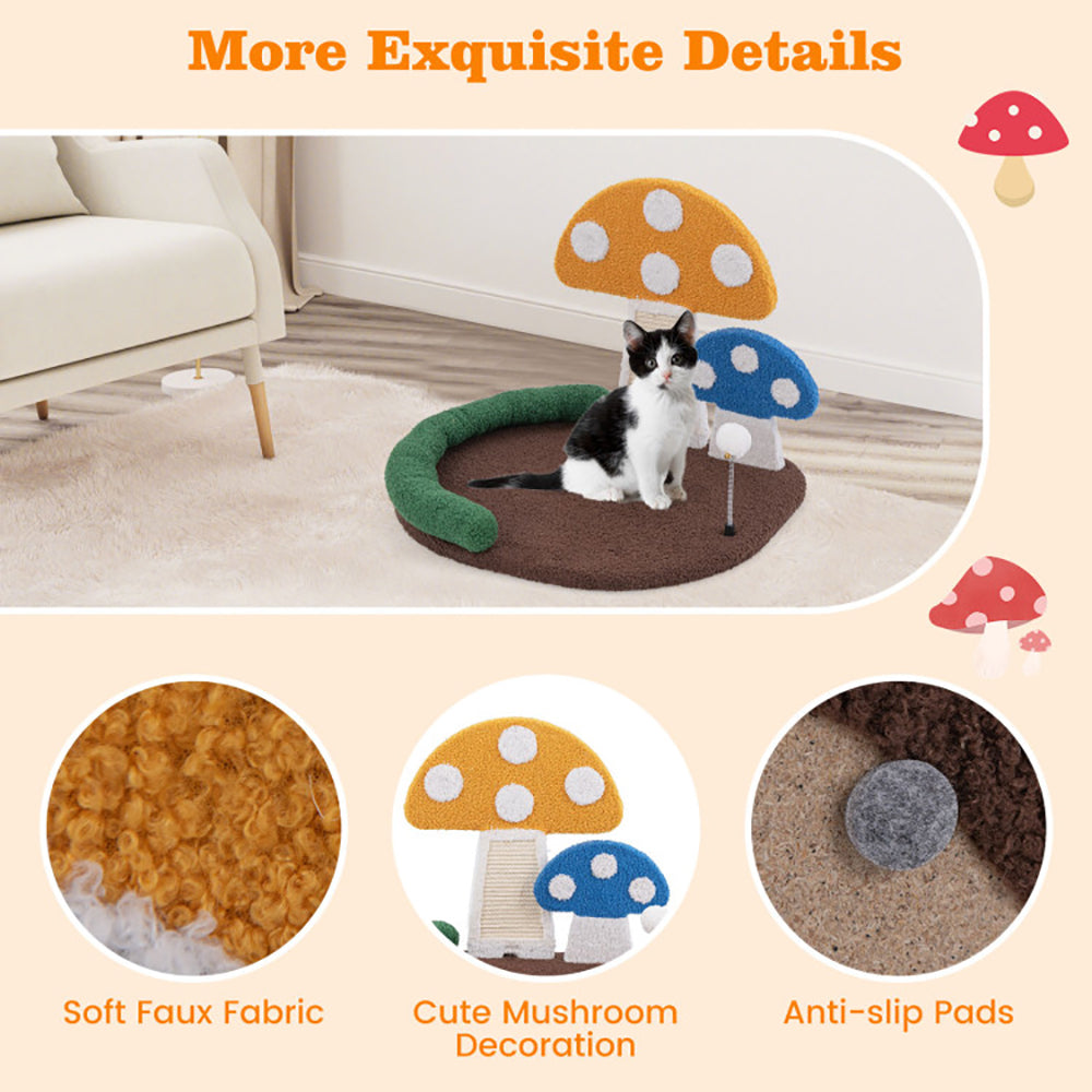 Multicolor Mushroom Cat Bed with Scratcher and Swinging Toy - Cozy Cat Tree