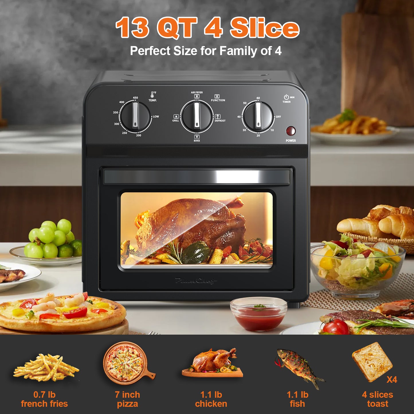 13QT Air Fryer Toaster Oven - 7-in-1 Convection Cooking