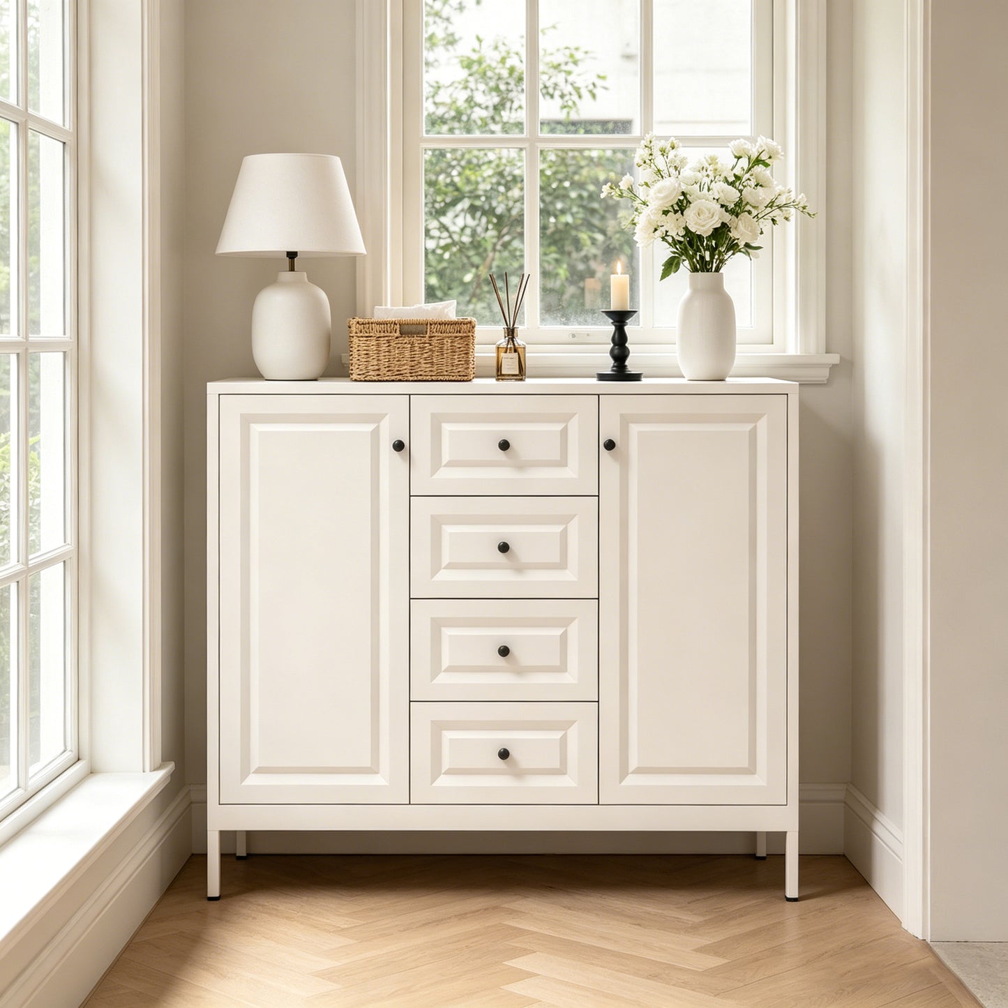 Beige 40.16'' Storage Sideboard Buffet Cabinet with 4 Drawers & 2 Doors