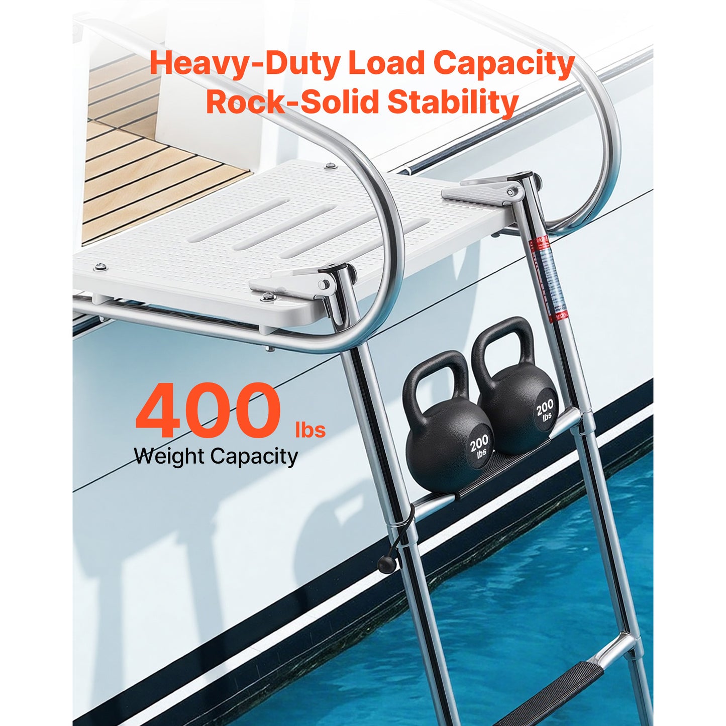 Stainless Steel Telescoping Boat Ladder with 3 Wide Anti-Slip Steps & Handrails - 400 Lbs Capacity