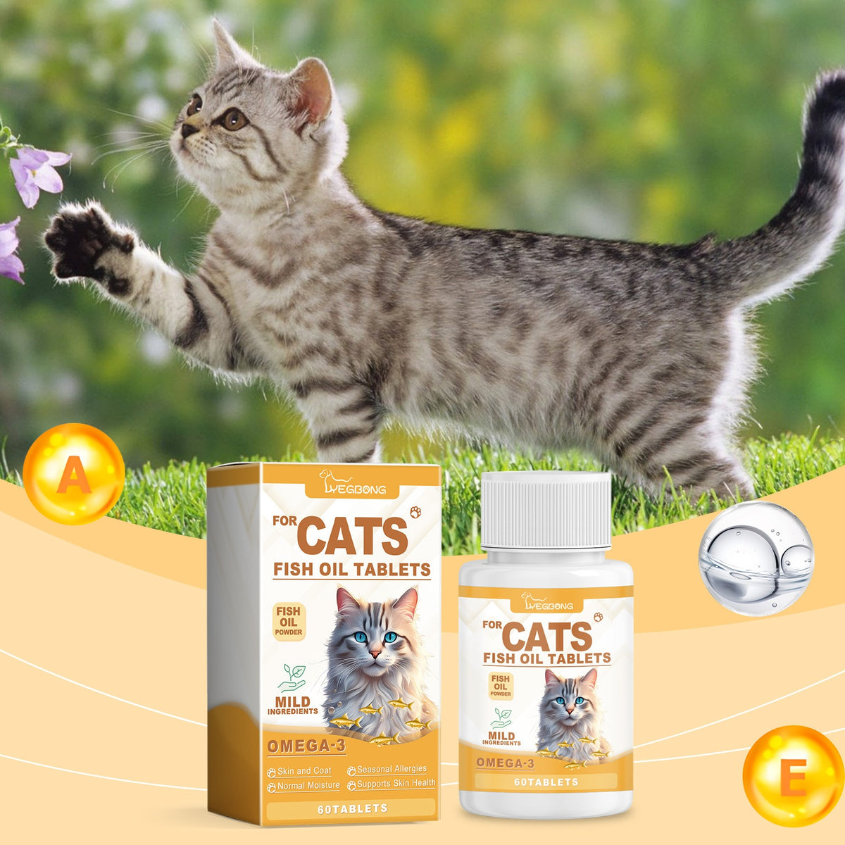 Cat Fish Oil Vitamins for Skin & Coat - 60 Tablets