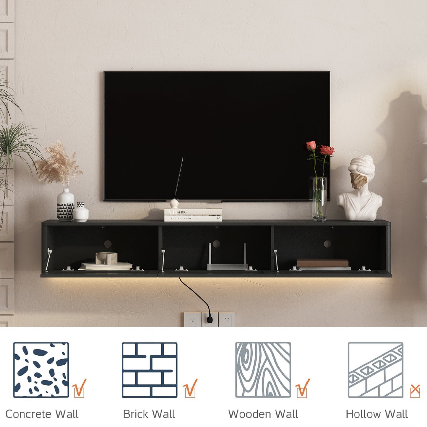 Wall Mounted Floating TV Stand with LED Lights & Power Outlet - Black