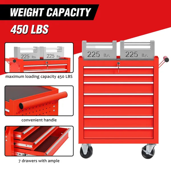 Rolling Tool Chest with 7 Drawers - Red Steel Tool Cart