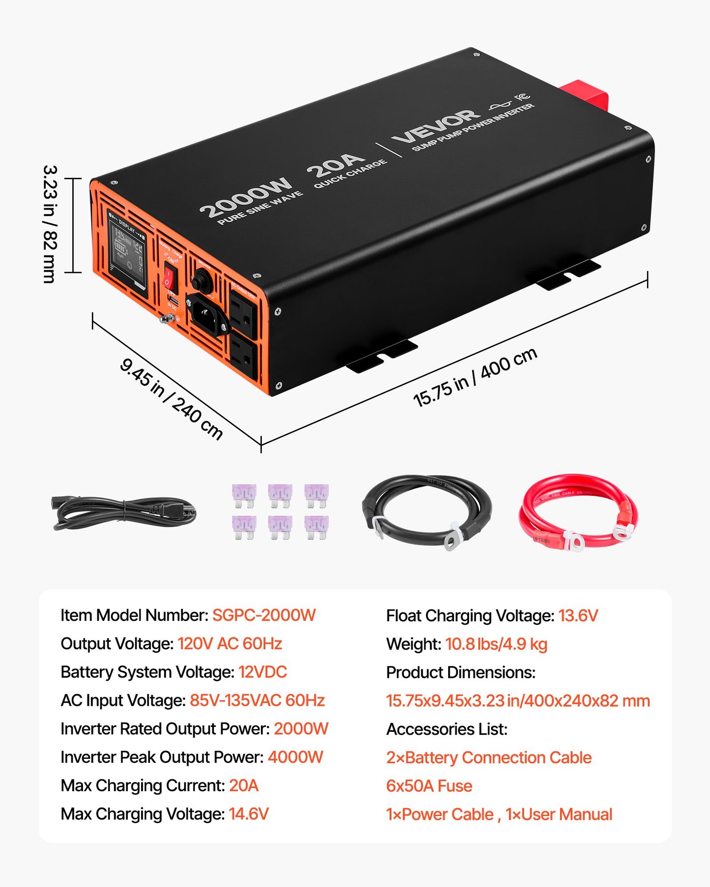 2000W Sump Pump Battery Backup System with LCD Display and Pure Sine Wave Inverter