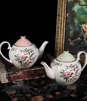 Retro Floral Bone China Teapot - 800ml Pink Overglaze Sparrow Design