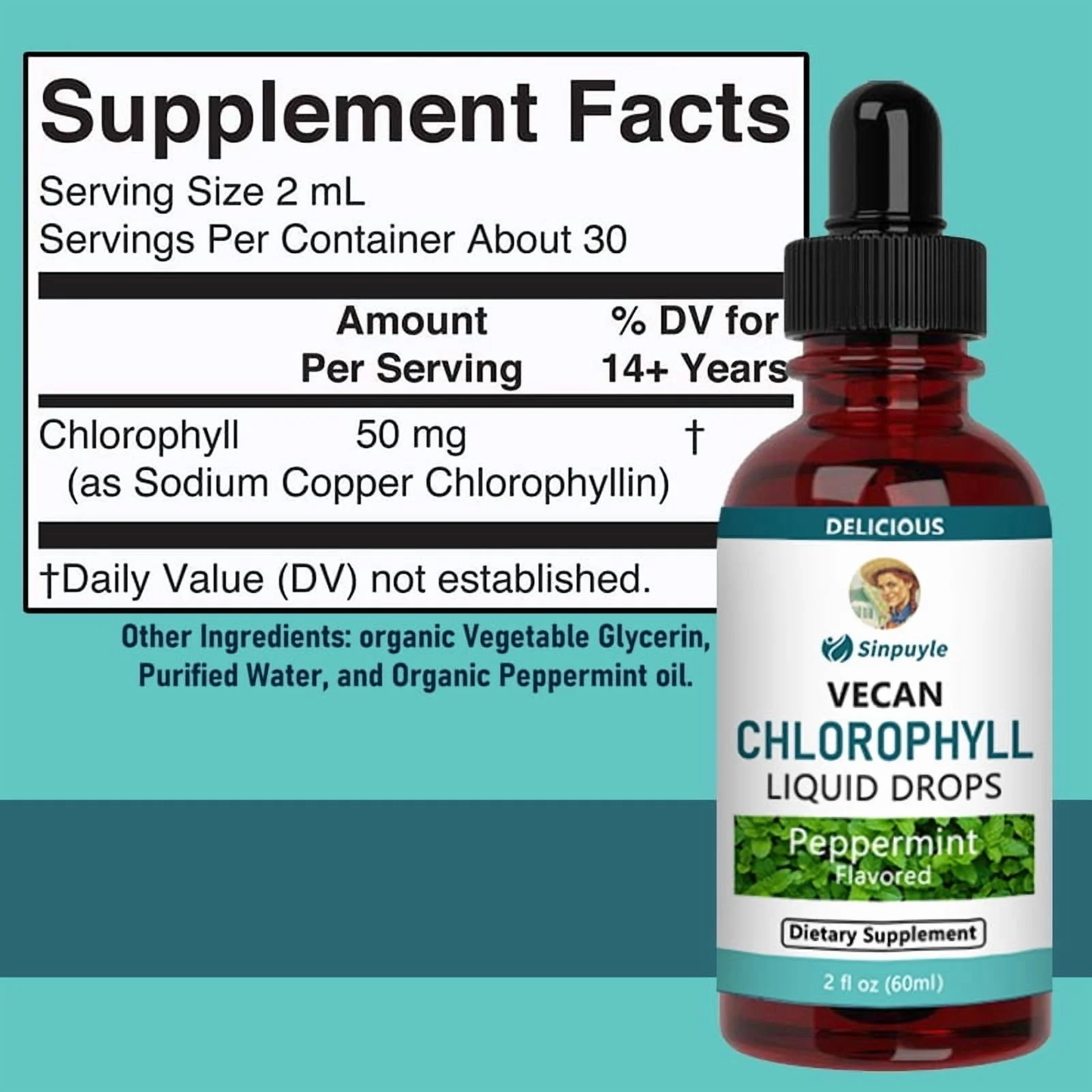 Vegan Chlorophyll Liquid Drops - Peppermint Flavored Detox Supplement 60ml