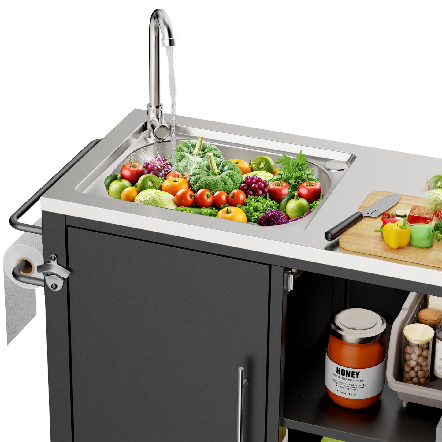 Outdoor Grill Cart with Sink - Stainless Steel Kitchen Station on Wheels