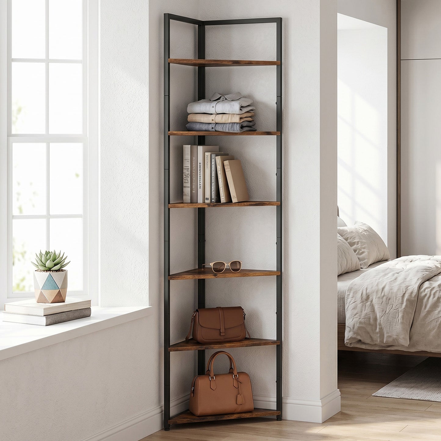 6-Tier Corner Shelf - Wooden Bookshelf with Metal Frame, 71.7 Inch
