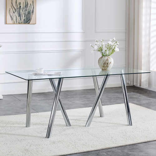 71-Inch Tempered Glass Dining Table with Metal Legs - White