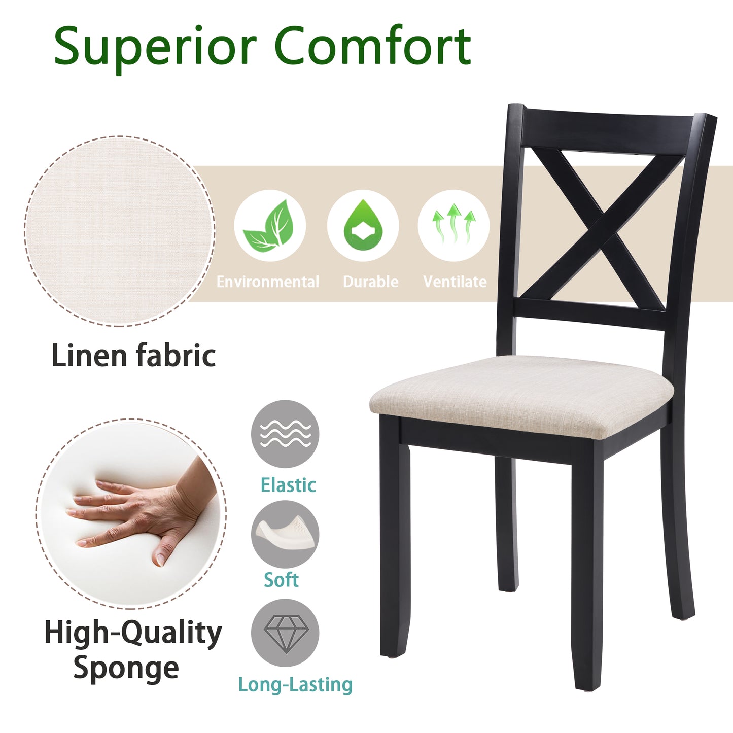 Wooden Dining Chairs Set of 4 with Padded Seat - Black & Beige