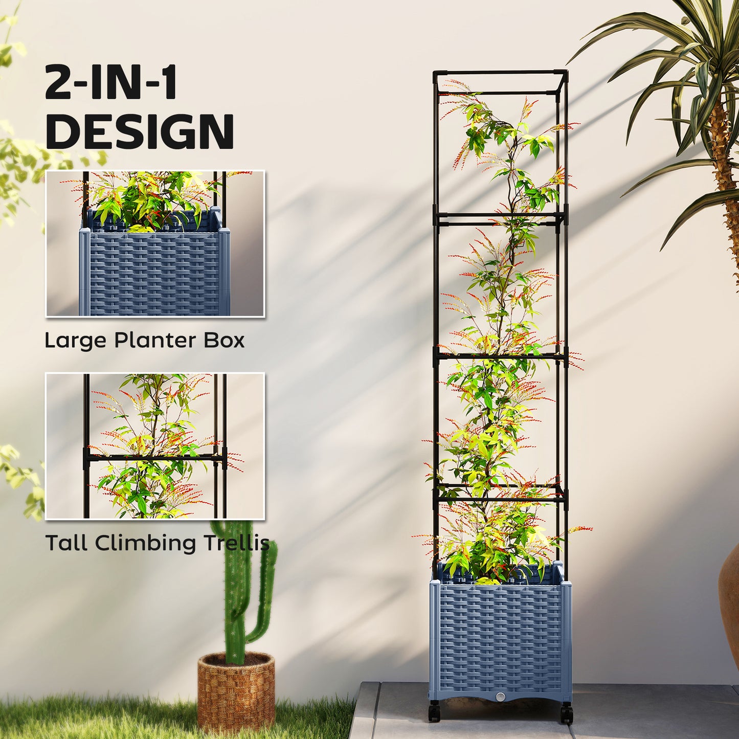 Raised Garden Bed with Trellis and Lockable Wheels - Self Watering Planter, Gray 440x440x160mm