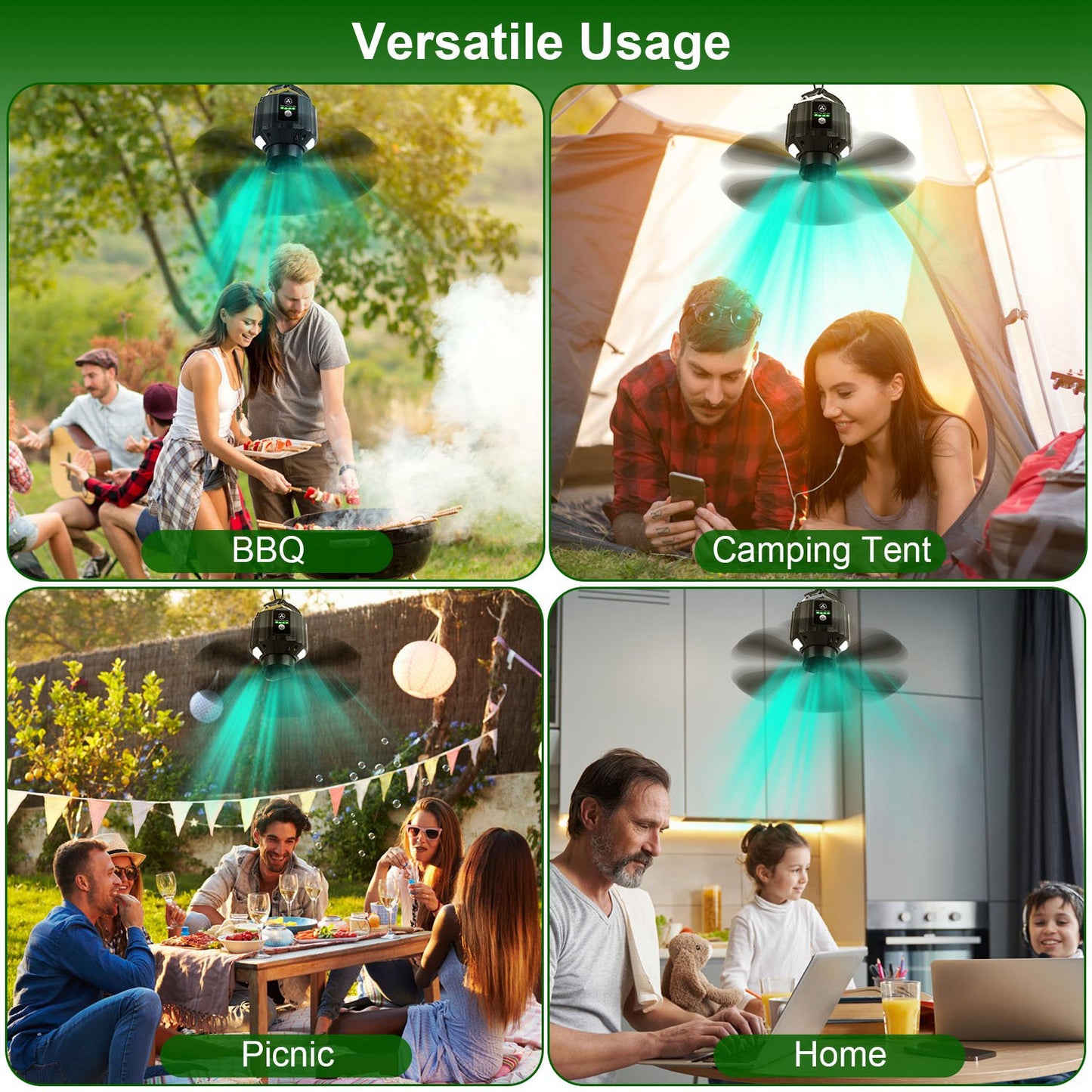 Portable Camping Ceiling LED Fan with Remote Control - 3-in-1 Lantern, Power Bank, Adjustable Speed & Brightness