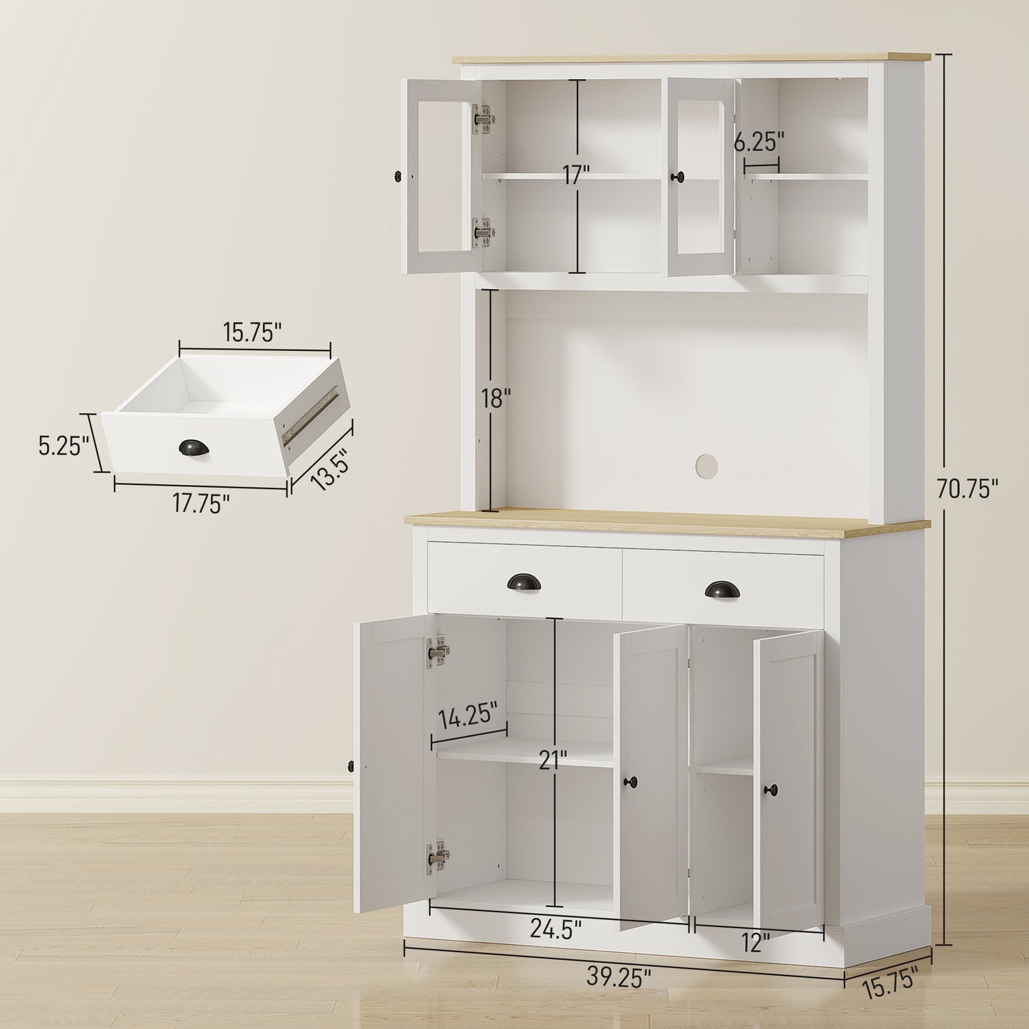 Modern Freestanding Kitchen Cabinet with Adjustable Shelves - White