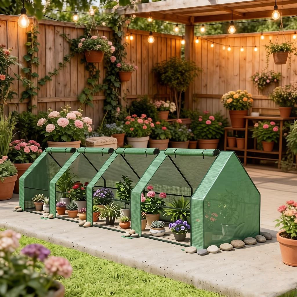 Portable Mini Greenhouse with PE Cover and Zipper Doors - Green