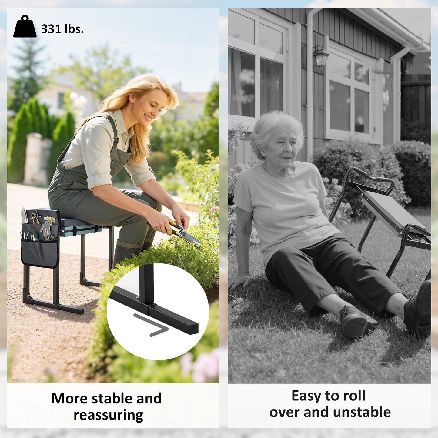 Heavy Duty Foldable Garden Kneeler and Seat with Thick Soft Kneeling Pad, Extendable Steel Legs
