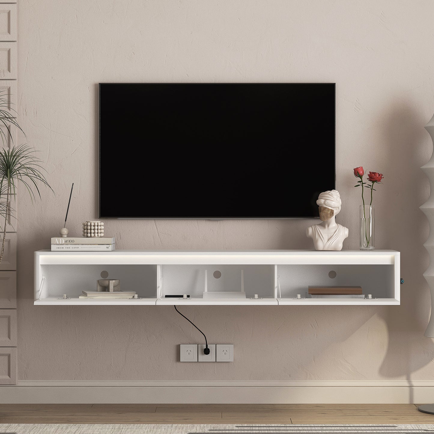 Floating TV Stand with LED Lights & Power Outlet - White
