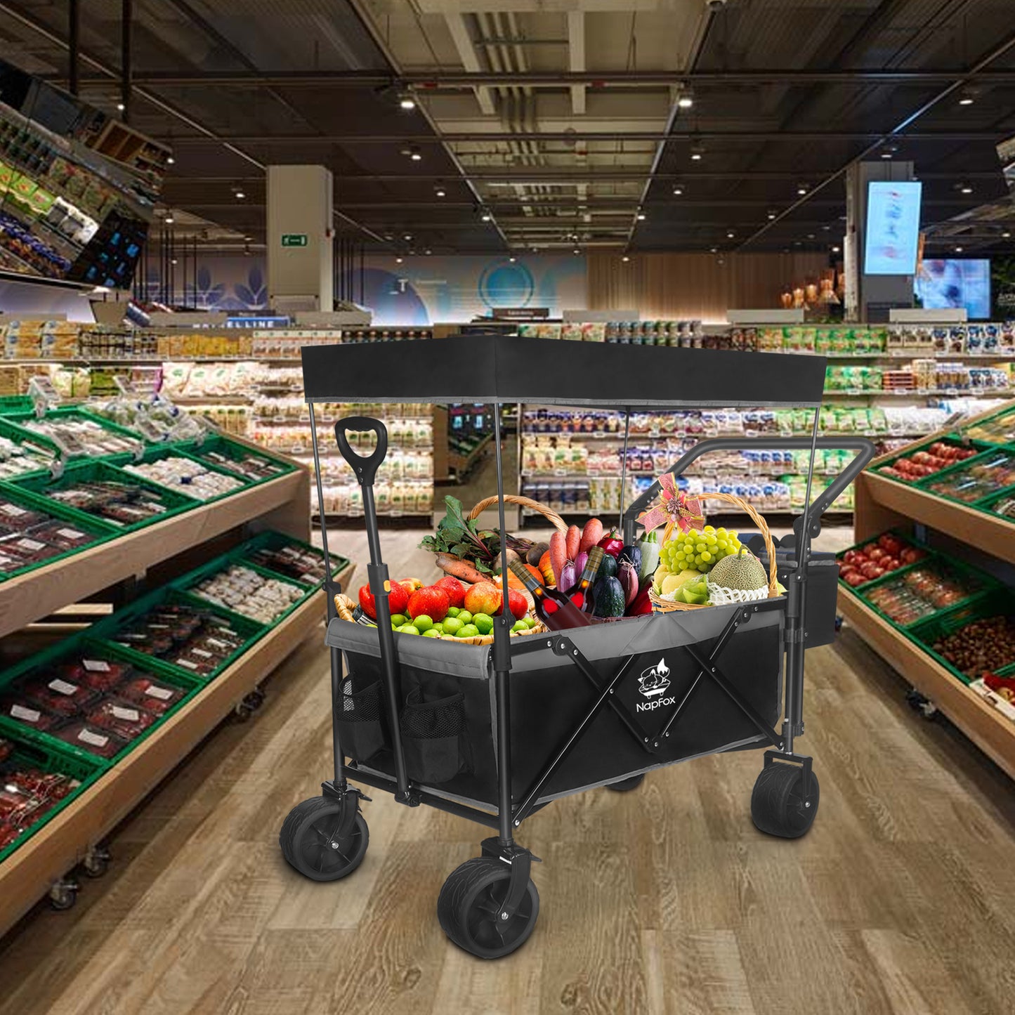 Collapsible Folding Wagon with Canopy and Cooler Bag - Black/Grey