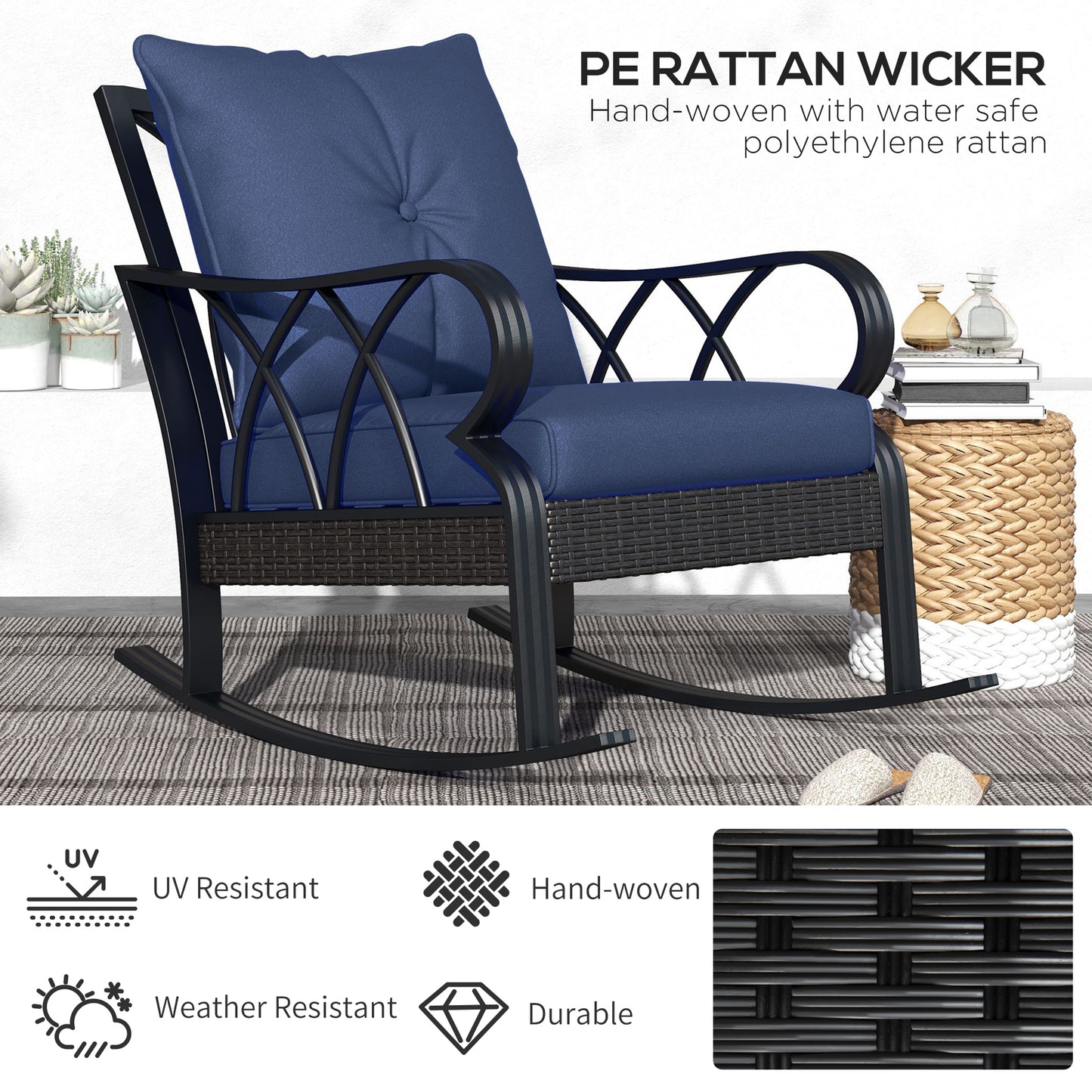 2 Piece Outdoor Rattan Rocking Chair Set with Cushions - Blue