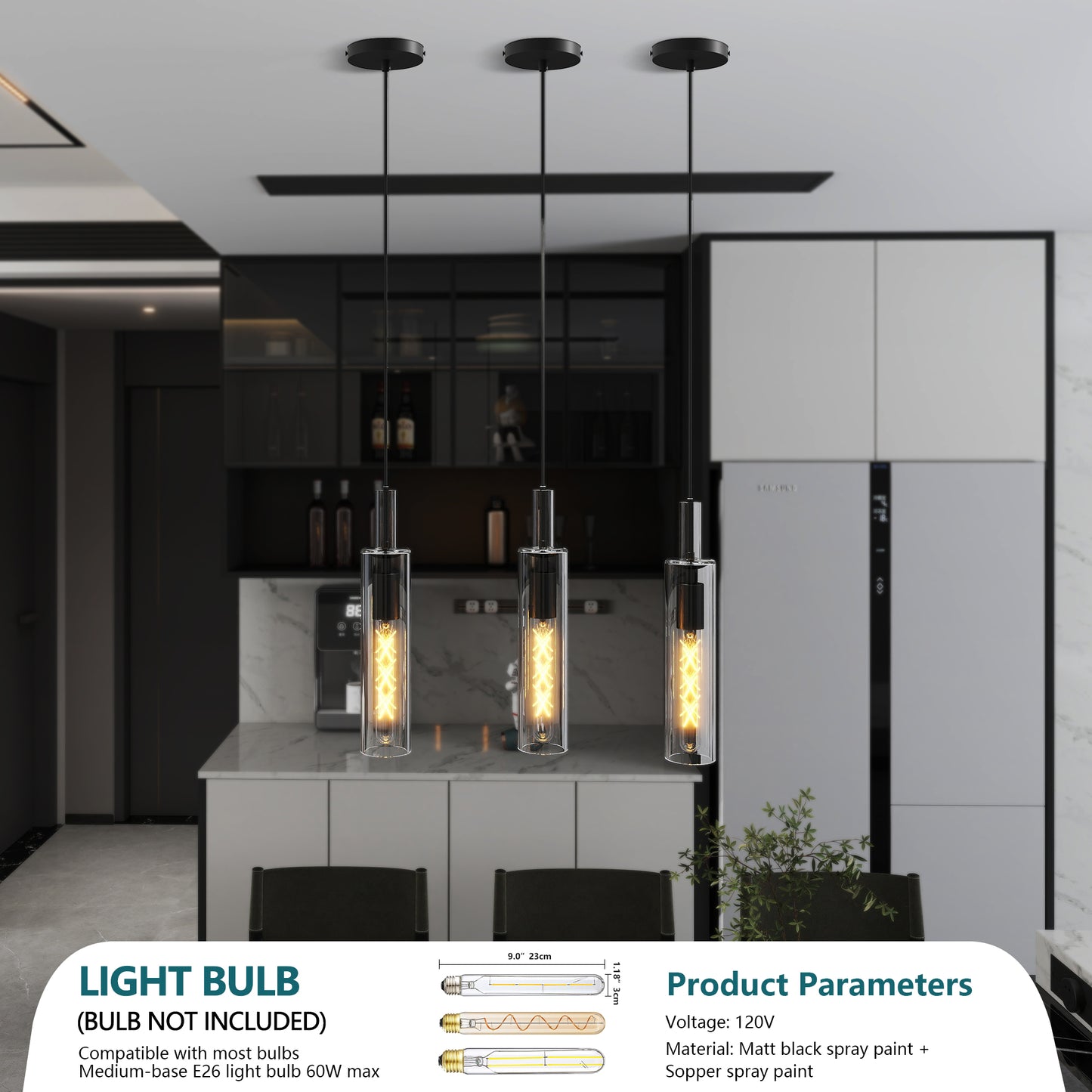 Modern Adjustable Black Glass Pendant Light - 3 Pack