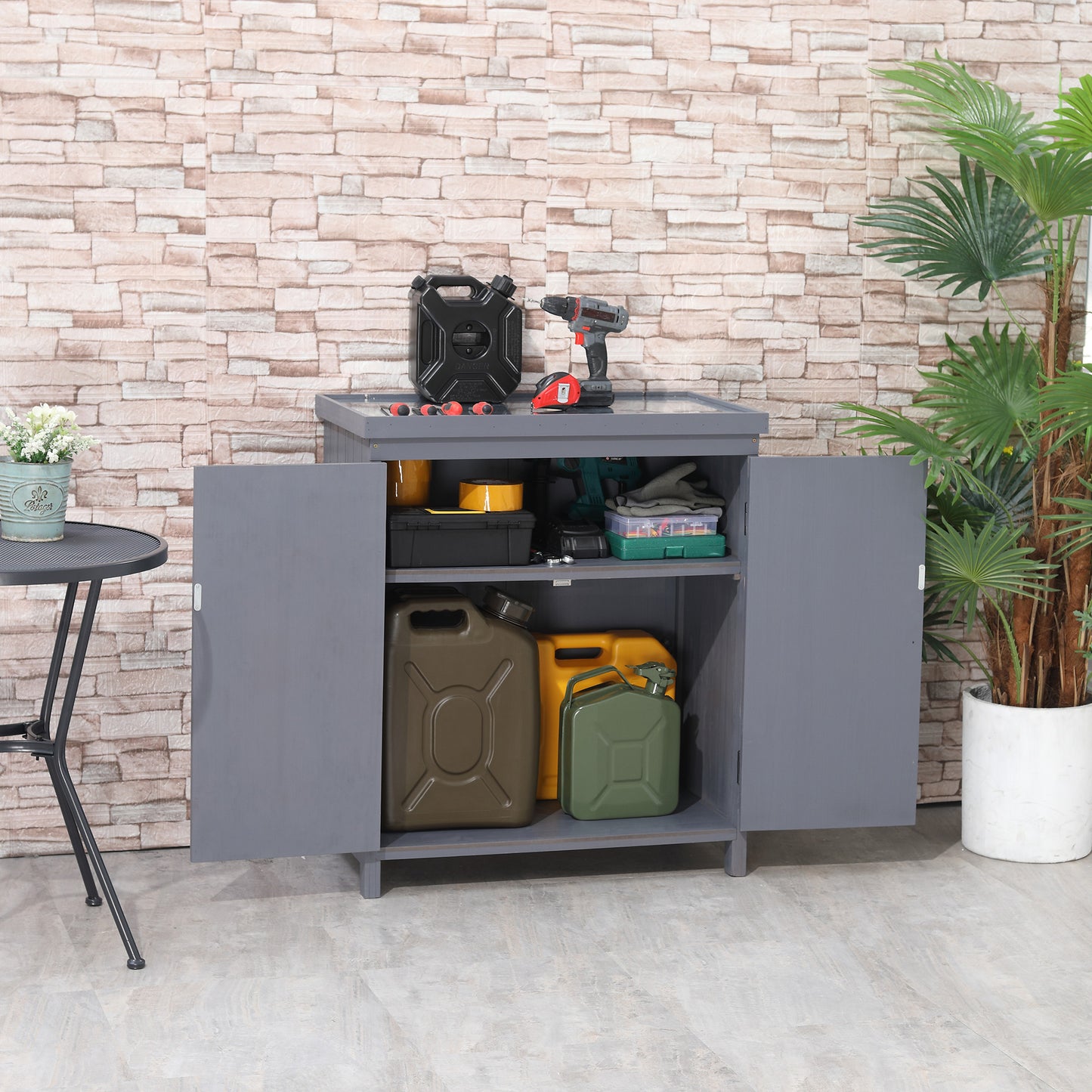 Outdoor Storage Cabinet with Galvanized Steel Top and Shelves - Gray Garden Tool Shed 970x510x260 mm