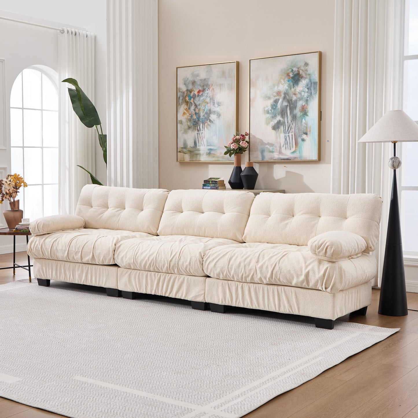 Modular Sectional Sofa - 3-Seater Cloud Couch with 5 Pillows - Beige