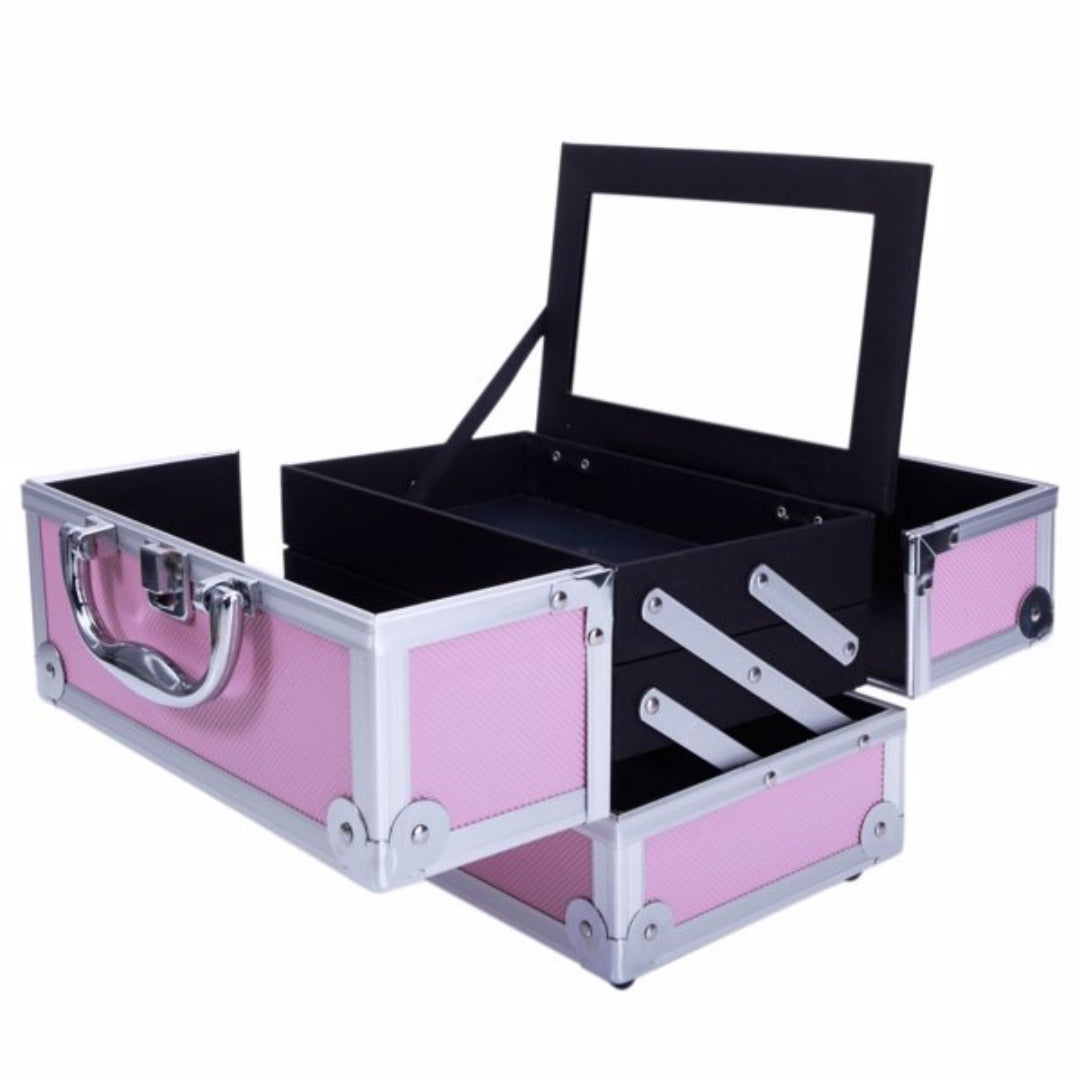 Pink Aluminum Makeup Train Case with Mirror - SM-2176