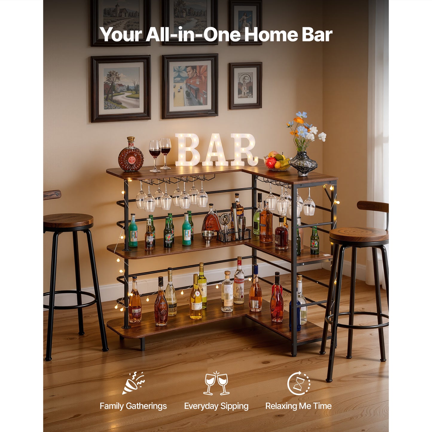 L-Shaped Wine Bar Cabinet with LED Lighting and Storage Shelves - Walnut Finish