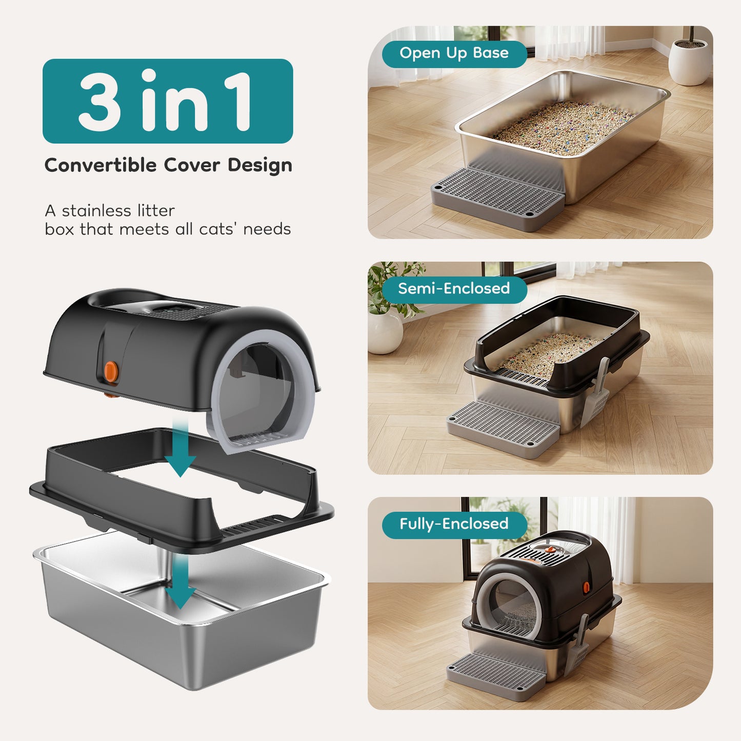 Double-Entry Convertible Cat Litter Box with Lid and Storage