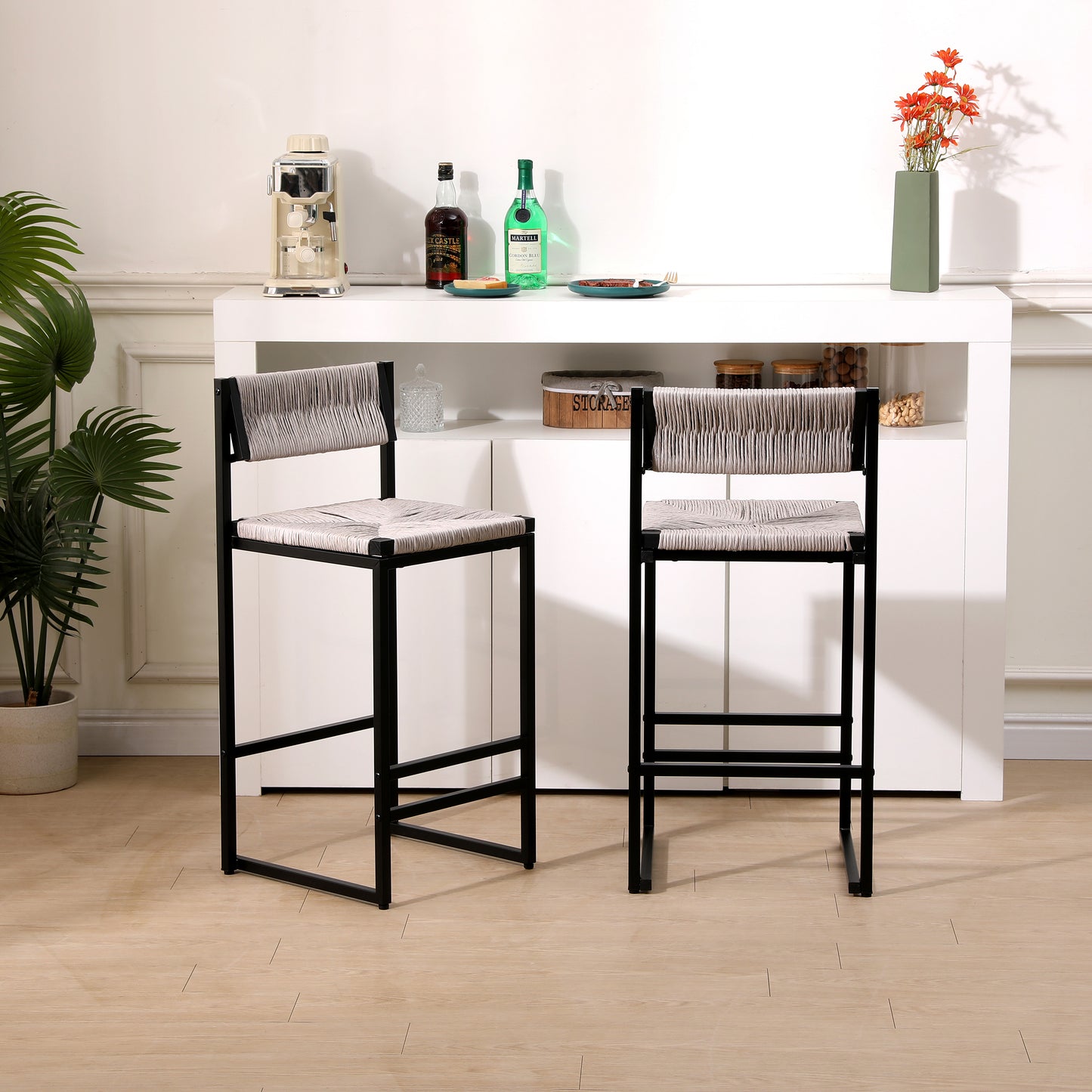 Set of 2 Gray Hand Woven Bar Stools with Back - Counter Height